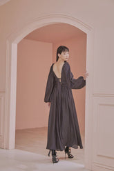 Jacquelyn Long Bishop Sleeves Low Back Plunge Neck Maxi Dress